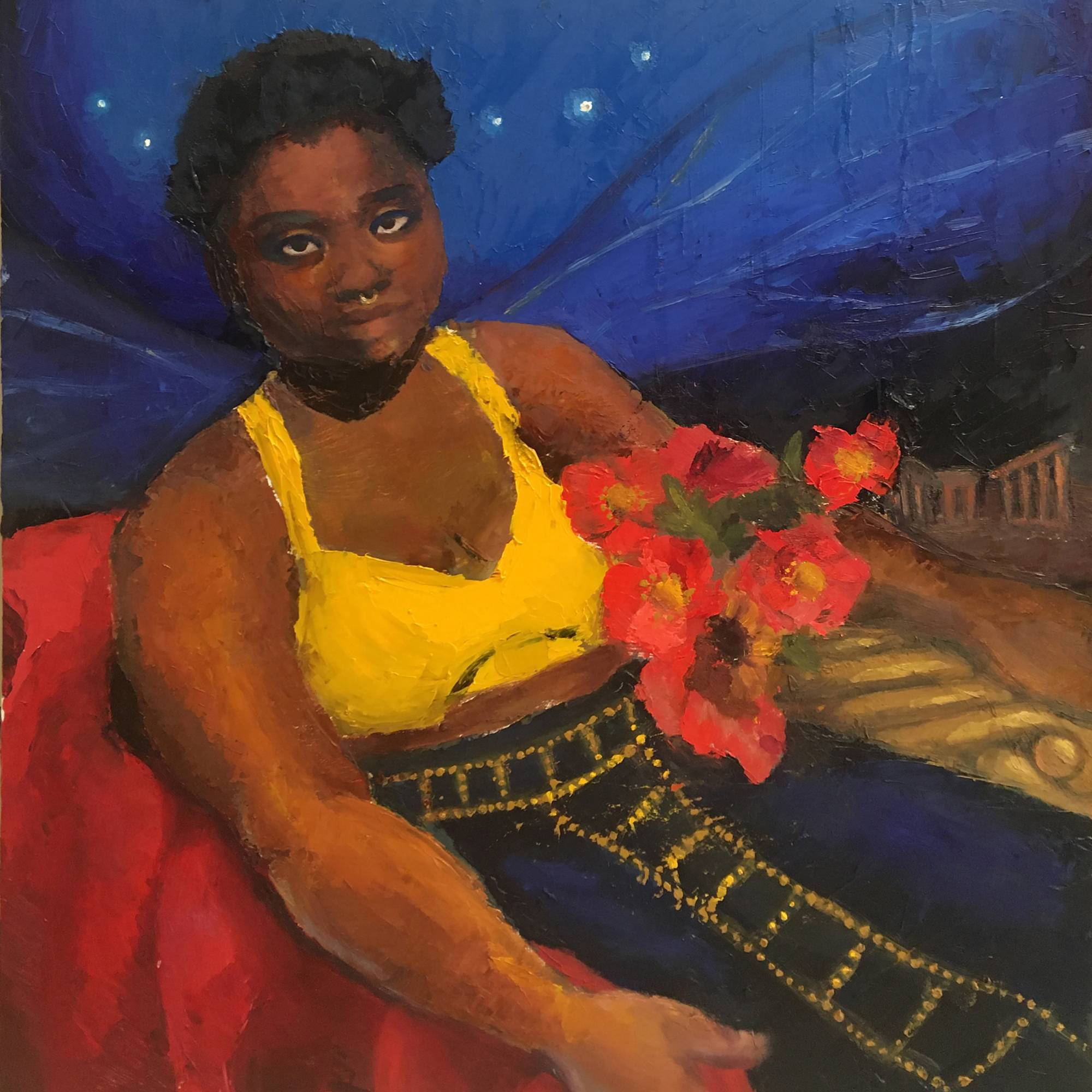 Colorful image of a person sitting back, holding red flowers, against a dark night sky,
